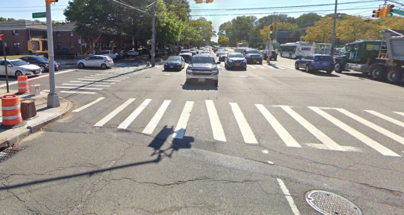 The crash site. The pedestrian was walking towards the camera as the killer driver turned left from the right edge of the photo. Photo: Google