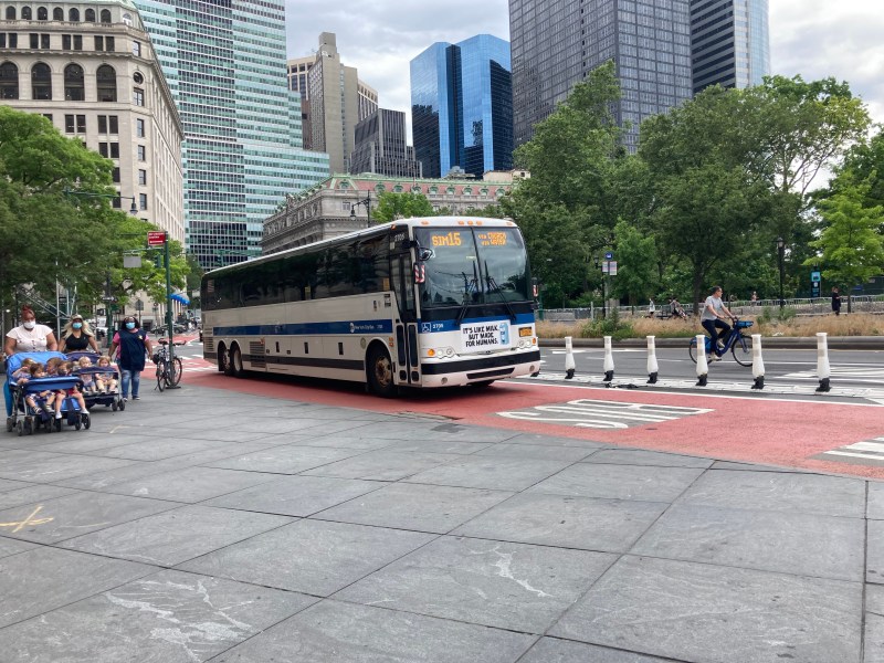 An express bus using the new lane on Battery Place. Photo: Henry Beers Shenk