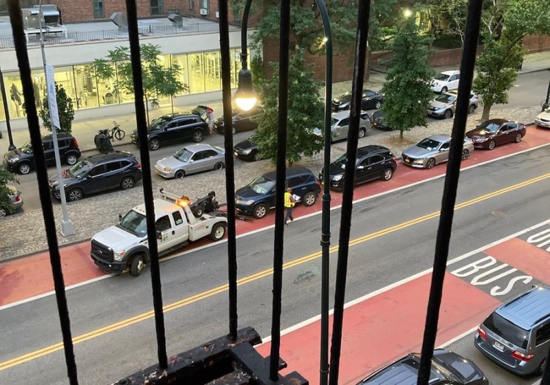 On 14th Street and Avenue C, DOT towed cars to block the bus lane that DOT itself created. Photo: Sophie Maerowitz