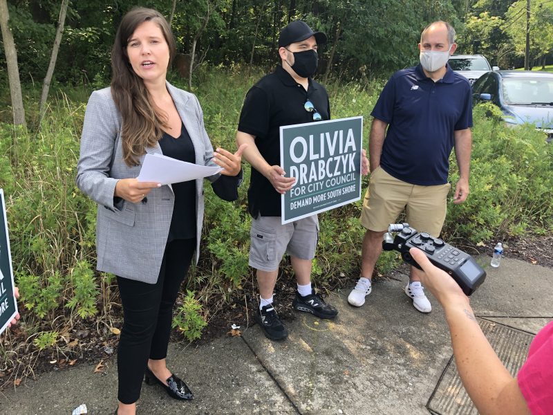 Staten Island City Council candidate Olivia Drabczyk announces her plan to use money generated through red-light and speed cameras for street safety initiatives. Photo: Vince DiMiceli