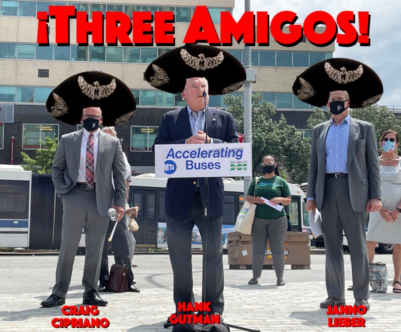 MTA and DOT officials shared a press conference, which advocates said was a big deal. Photo: Dave Colon (with apologies to Orion Pictures)