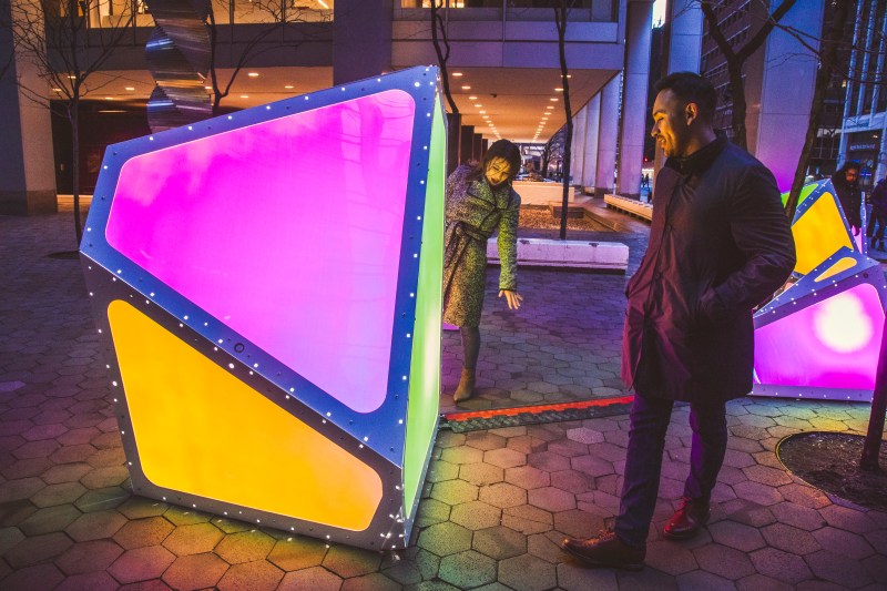 "Oscillation," a temporary installation, acts like a Theremin, a musical instrument that plays different pitches and sounds as people move around it. The result?: spontaneous dance parties and jam sessions. It appeared on Water Street in downtown Manhattan from late February to mid-April 2020. Photo: Savannah Lauren