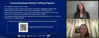 Sara Lind (bottom right) makes her points at Wednesday night's congestion pricing hearing.