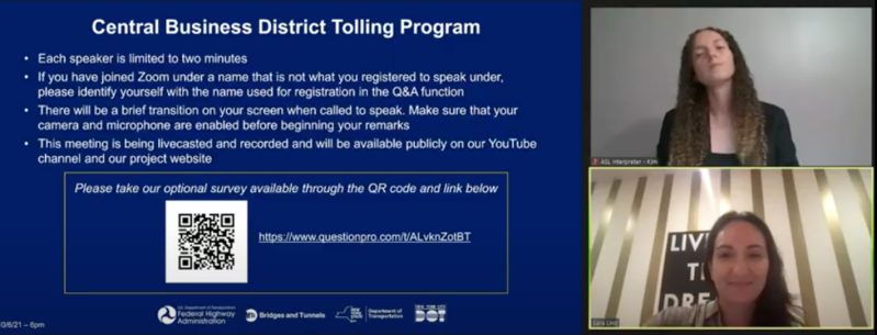 Sara Lind (bottom right) makes her points at Wednesday night's congestion pricing hearing.