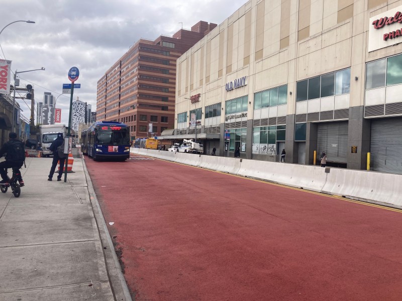 Roll out the red carpet. The Jamaica Avenue busway on Friday. Photo: Julianne Cuba
