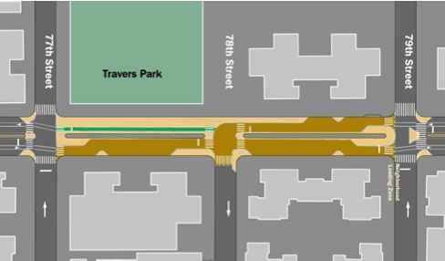 The car-free block is directly south of Travers Park, which will also have adjacent shared-street blocks (brown). Graphic: DOT
