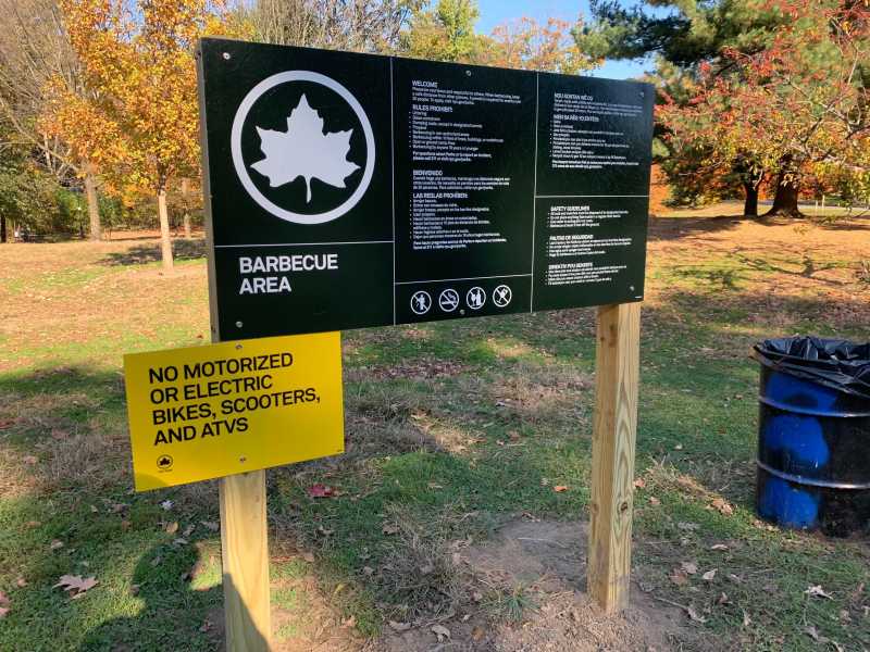 A sign on Parks Department rules sign informing users of a ban on e-bikes is, unfortunately, legal. Photo: Gersh Kuntzman