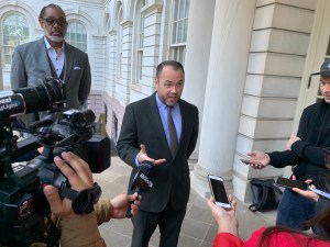 Council Speaker Corey Johnson chats with the Fourth Estate. Photo: Gersh Kuntzman