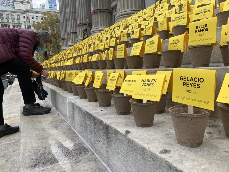 Each yellow sign bore the name of one of the 1,800 victims of road violence since Mayor de Blasio took office. File photo: Gersh Kuntzman