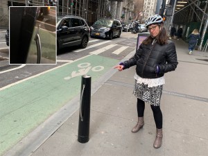 Leora Trub shows off the since-repaired bike rack where her two-wheeler was easily swiped with the turn of a screwdriver (see inset). Photo: Gersh Kuntzman