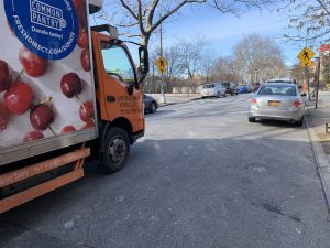 Many drivers speed through the intersection of 18th Street and 10th Avenue in Windsor Terrace because there is no stop sign. Parked cars limit drivers' vision of the side street. Photo: Gersh Kuntzman