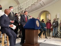 New Department of Environmental Protection Commissioner and Chief Climate Officer Rohit Aggarwala addresses the media at City Hall. Photo: Dave Colon