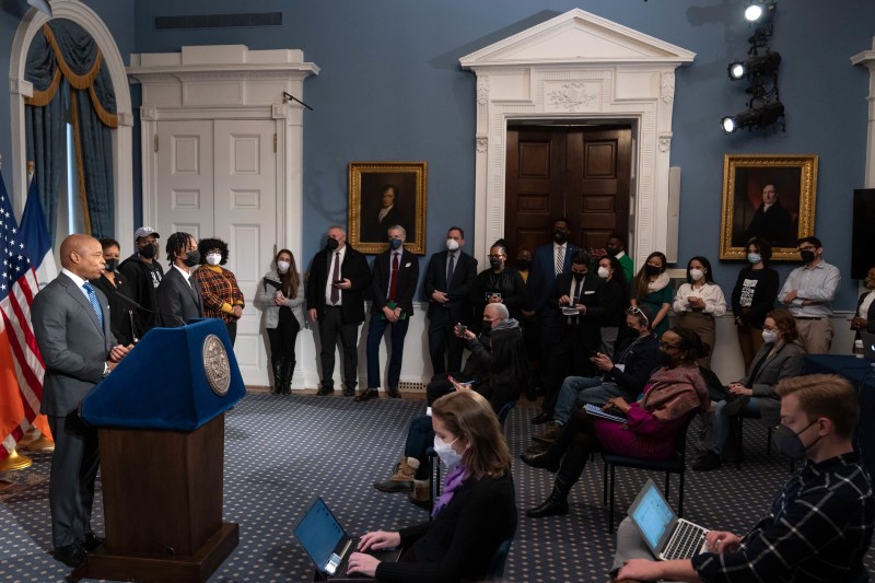Mayor Adams with the mostly White press corps on Tuesday. Photo: Ed Reed/Mayoral Photography Office