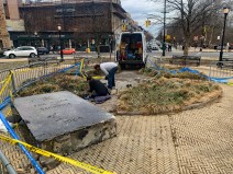 Parks Department workers were repairing the monument on Monday, after a driver left a trail of wreckage. Photo: Gersh Kuntzman