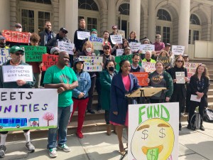 Queens Council Member and Transportation Committee Chair Selvena Brooks-Powers speaks during the rally to demand $3.1 billion funding for the Street Master Plan. Photo: Julianne Cuba