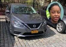 Transportation Committee Chair Selvena Brooks-Powers has racked up a lot of speeding tickets on her gray Nissan. [Editor's note: We have diffused the Council member's plate because her office said that showing the plate "puts her and her family at risk," which is an irony. Photos: Julianne Cuba (main); Gersh Kuntzman (inset)