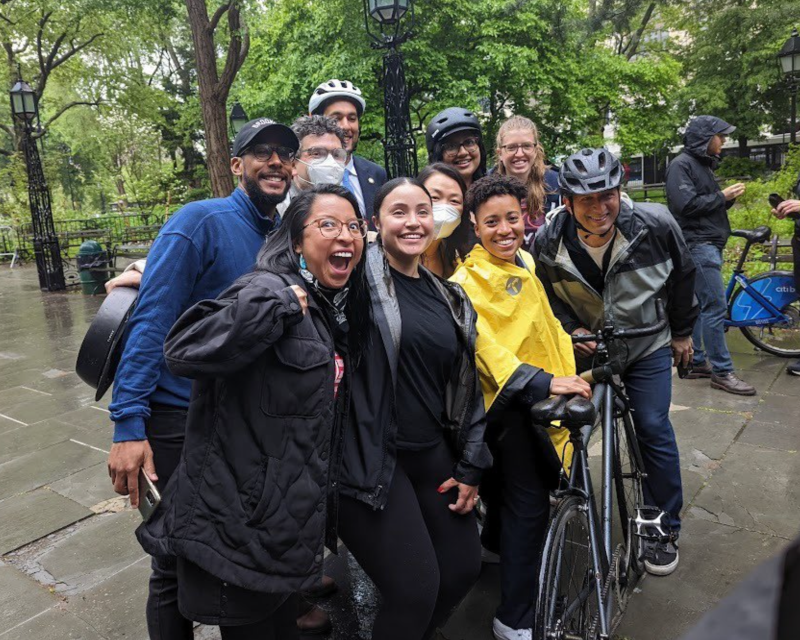 Because they're happy: Brooklyn Beep Reynoso, Comptroller Lander, and Council members Restler, Hudson, Won, Hanif, Gutierrez and Marte and friends pose with a bike in City Hall Park. Photo: Via Twitter