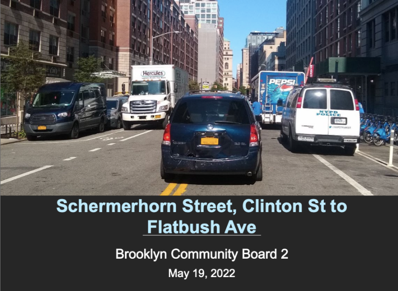 The cover of the DOT presentation shows pretty clearly what's wrong with Schermerhorn Street. Photo: DOT