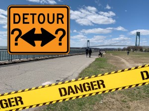 The Shore Parkway greenway is getting a facelift, but where will cyclists and pedestrians go? File photo: Gersh Kuntzman/Graphic: Streetsblog Photoshop Desk