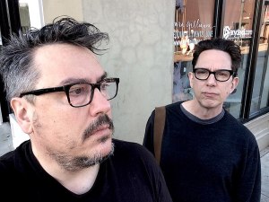 John Flansburgh (left with bandmate John Linnell) was badly injured in a crash on Wednesday night. Photo: TMBG