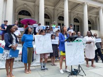 Council Member Carlina Rivera (podium) rallies supporters of the Greenways Master Plan bill before a hearing on the bill on Tuesday. Photo: Dave Colon