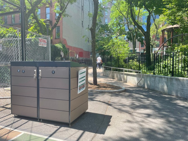 The latest manifestation of the city's Clean Curbs program sits quietly in the Mathews-Palmer Playground on West 45th Street. Photo: Noah Martz