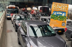 Pity the poor bus rider. Photo: Gersh Kuntzman. Poster: Courtney Menard