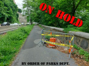 A sinkhole on the Hudson River Greenway, looking south above 183rd Street. Photo: Inwood Owners Association