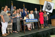 Gov. Hochul signed the speed camera expansion earlier this summer as Mayor Adams, State Sen. Andrew Gounardes, Assembly Member Deborah Glick and members of Families for Safe Streets looked on. File photo: Gersh Kuntzman