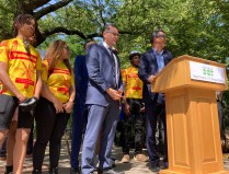 DOT Commissioner Ydanis Rodriguez with Manhattan Borough President Mark Levine and students from the "I Challenge Myself" program. Photo: Jesse Coburn