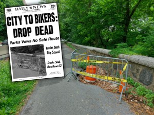A sinkhole on the Hudson River Greenway, looking south above 183rd Street. Photo: Inwood Owners Association (with help from the Streetsblog Photoshop Desk)