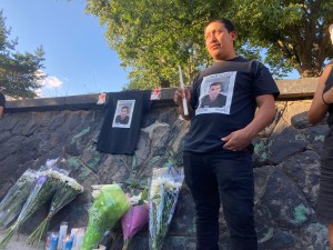 Guinder Rodas, whose brother Yener, was stabbed to death on Aug. 20, speaks during his vigil. Photo: Julianne Cuba