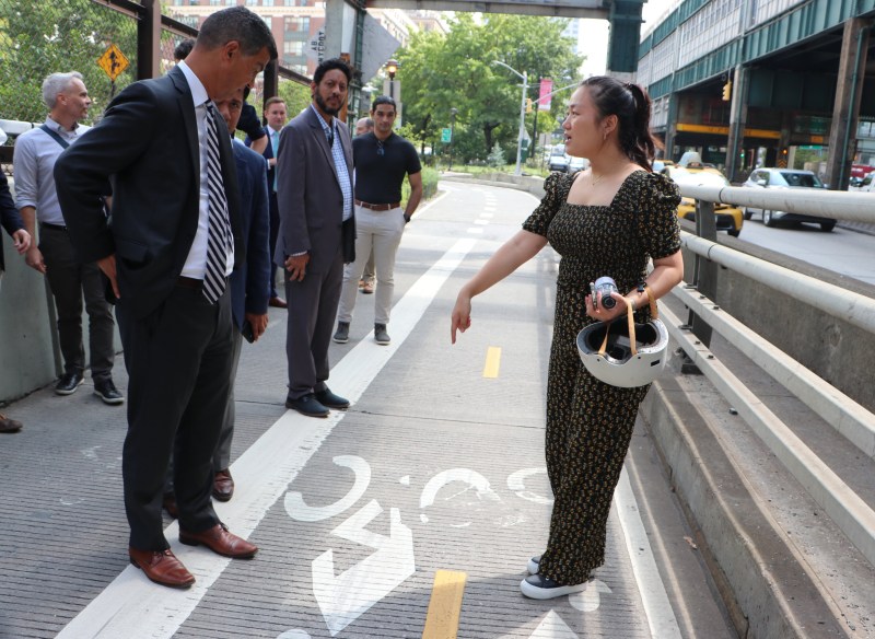 Council Member Julie Won confronts DOT Commissioner Ydanis Rodriguez with just how little space is afforded cyclists and pedestrians, who share just one lane for bi-directional travel. Photo: CM Won's office