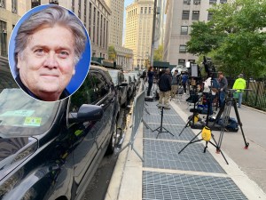 Steve Bannon's surrender made Centre Street a very dangerous place on Thursday morning. Photos: Gersh Kuntzman and Michael Vadon (inset)