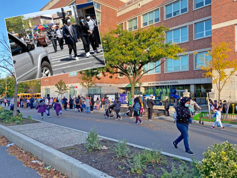 Which roadway is safer for kids? This car-free school block in Jackson Heights or this car sewer in Brooklyn (inset)?