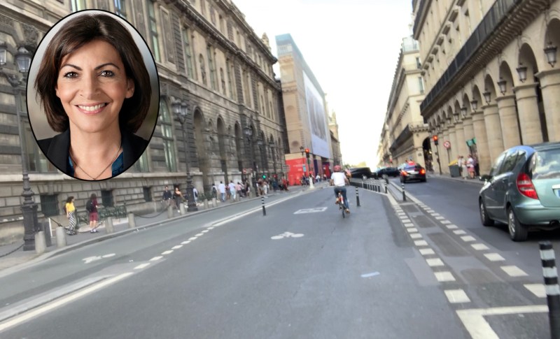 Here's the Rue de Rivoli that everyone is talking about, which was widened by Mayor Anne Hidalgo (inset). Photo: Gersh Kuntzman